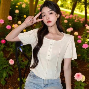 v neck short sleeve button down top for women